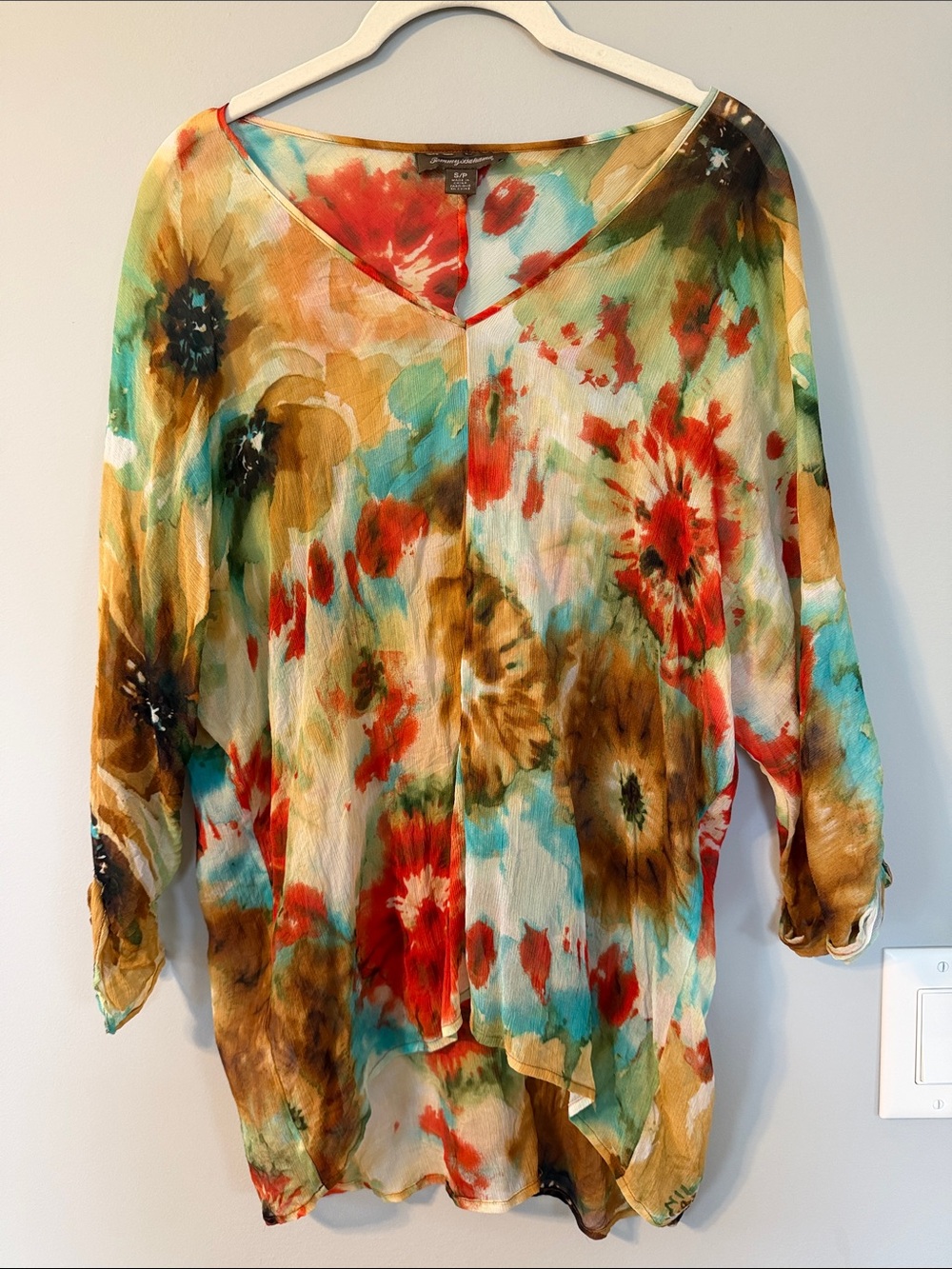 Tommy Bahama V-Neck Floral Watercolor Tunic in Red, Teal, Gold, Brown, Cream